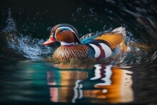 Illustration, Mandarin Duck Entering A Lake, Ai Generative