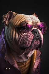 Wall Mural - Bulldog dressed in stylish leather jacket created with generative AI technology