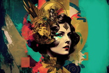Beautiful Young Woman Dressed In Art Deco Style With Flowers And Golden Jewelry. Generative AI
