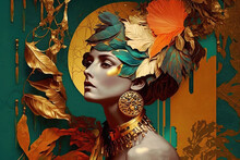 Beautiful Woman Portrait In 30s Art Deco Style With Gold Jewelry. Generative AI