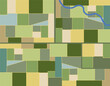 A patchwork of farmland with a river, roads and fields is seen looking down from above in a vector illustration.