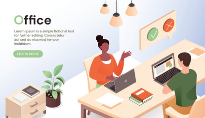 Wall Mural - Work in office. Man and woman sitting at table with laptop. Colleagues and partners work on common project, efficient workflow and business. Landing page. Cartoon isometric vector illustration