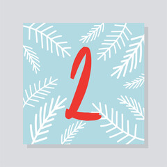 Advent calendar with number 2. White branches on blue background, pattern and design for printing on wrapping paper and envelope with gift. Cartoon flat vector illustration