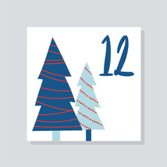 Wall Mural - Advent calendar with number 12. Blue Christmas tree under snow with garlands and decorations. Poster or banner for website. Christmas and New Year. Cartoon flat vector illustration