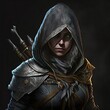 A Fictional Picture of a Female Rogue Assassin Character Wearing a Hood Armor and Weapons Generative AI