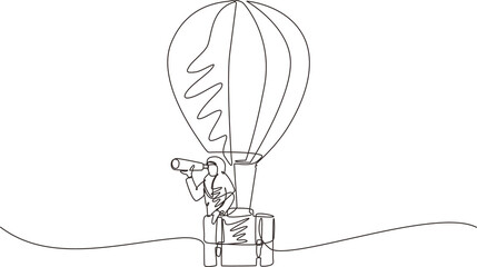 Poster - Continuous one line drawing Arabian businesswoman looking through telescope in hot air balloon briefcase. Female in suitcase balloon search to success. Business travel. Single line draw design vector