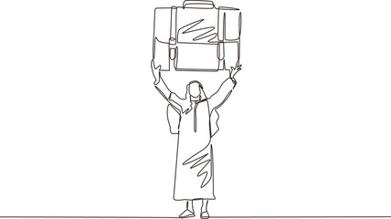 Poster - single one line drawing arabian manager or businessman raises big briefcase. business person has ach