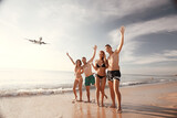 Fototapeta  - airplane view  beach and  group of people meet, the concept of freedom vacation, background thailand