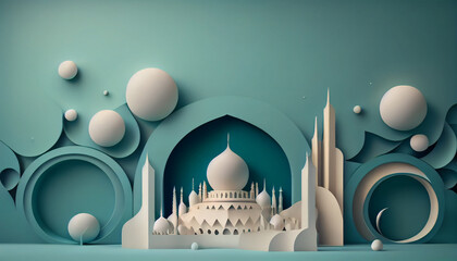 Wall Mural - ramadan kareem background with mosque and lanterns. 3d illustration