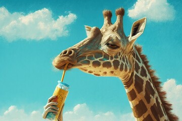 Illustration of a funny thirsty giraffe drinking a soda through a straw, humor in nature. Ai generated.