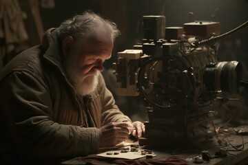 An adult man with a beard works at a table, in the dark, looking like a film director. Ai generated.