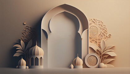 Poster - ramadan kareem background with mosque and lanterns. 3d illustration