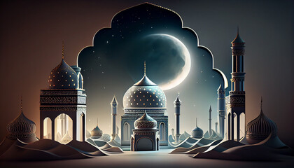 Canvas Print - ramadan kareem background with mosque and lanterns. 3d illustration