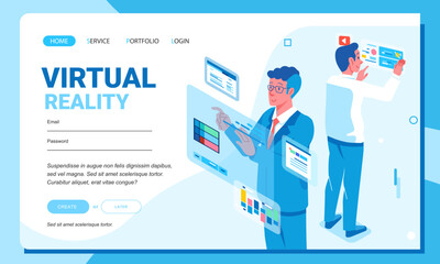 Isometric flat style businessman and entrepreneur set strategy with virtual digital floating graphic and chart web landing page