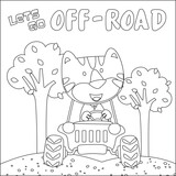 Fototapeta Dinusie - Cute tiger cartoon having fun driving off road car on sunny day. Cartoon isolated vector illustration, Creative vector Childish design for kids activity colouring book or page.