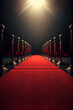 A red carpeted hallway with a red carpet and barriers, Generative Ai