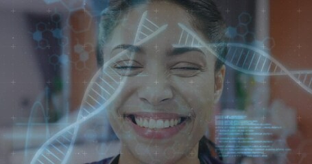 Poster - Animation of dna strands over smiling biracial female doctor