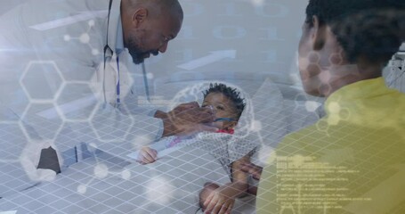 Poster - Animation of medical data over boy patient with african american male doctor