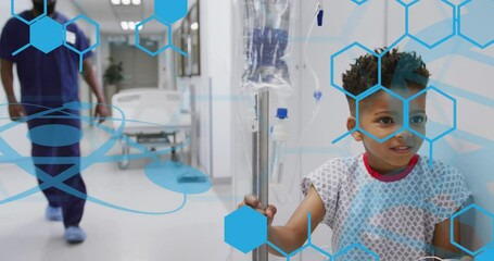 Poster - Animation of medical data processing over biracial boy patient in hospital