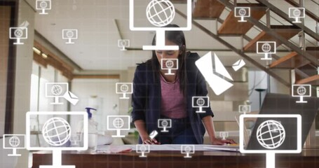 Poster - Animation of icons and data processing over biracial businesswoman working in office