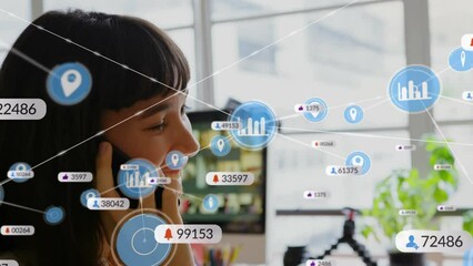 Poster - Animation of social media icons and numbers with connections over caucasian woman using smartphone