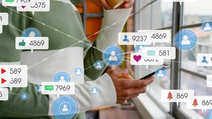 Poster - Animation of social media icons and numbers with connections over biracial man using smartphone