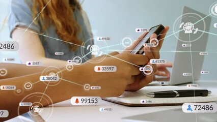 Poster - Animation of social media icons and numbers with connections over caucasian woman using smartphone