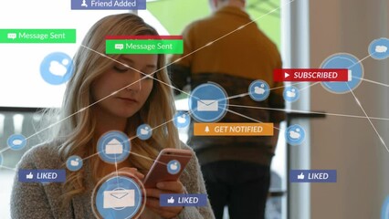 Poster - Animation of social media icons and numbers with connections over caucasian woman using smartphone