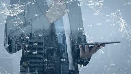 Poster - Animation of network of connections over caucasian businessman using tablet