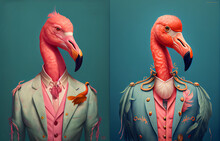 Colorful Portrait Of A Pink Flamingo In A Suit