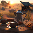 © Emanuel - Closeup de xicaras com café ao nascer do sol com grãos de café a volta