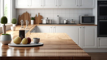 Wall Mural - Wooden texture table top on blurred kitchen window background. For product display or design key visual layout. For showcase or montage your items (or foods). Product display mock up. Generative AI