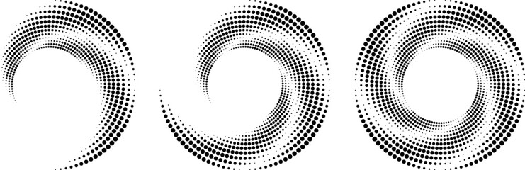 Wall Mural - Set of halftone dots in circle form. Segmented circle. Geometric art. Circular shape. Trendy design element for vector dotted frame, round logo, tattoo, sign, symbol, web pages, print