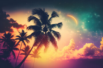 Wall Mural - Tropical palm tree against abstract sunset sky and cloud background with beautiful bokeh light. Summertime getaway and outdoor adventure theme. color style with a vintage tone filter effect
