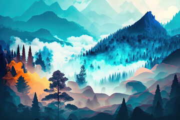 Wall Mural - Mountainous fog Fantasy and vibrant natural scenery. Conceptual image of nature. Generative AI