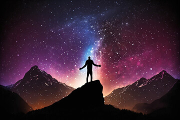 Wall Mural - Silhouette of young traveler standing alone on top of the mountain with double exposure young man standing and open arm and feel free over the sky with star and Milky Way in summer season. Generative