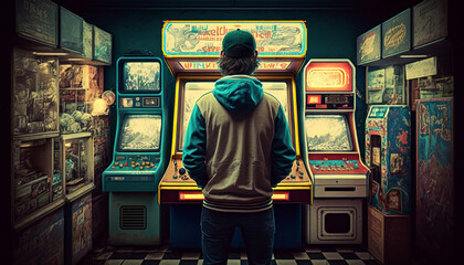 Gamer playing a retro game in a cluttered and nostalgic arcade, surrounded by vintage posters and classic arcade machines, with a sense of nostalgia and joy Generative AI