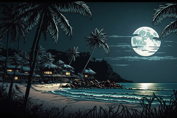 Wall Mural - Aceh, Indonesia, with the full moon at the end of the beach. Generative AI