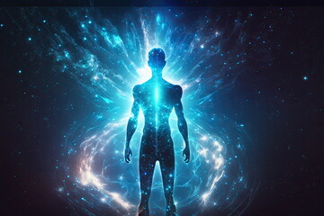 body silhouette with space and galaxy  background, milky way, spiritual life and belief, Made by AI, Artificial intelligence