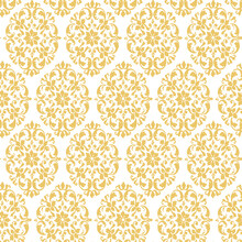 Wallpaper In The Style Of Baroque. A Seamless Yellow Background.Oriental Classic Golden Pattern. Seamless Abstract Background