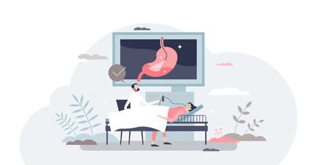 Gastroenterologist occupation as stomach health doctor tiny person concept, transparent background. Specialist medical care, diagnostics and checkup for digestion system.