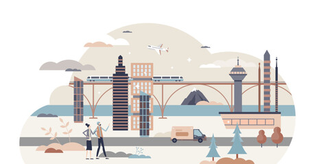 Wall Mural - Infrastructure and public transportation city view tiny person concept, transparent background. Modern and urban transport network with airport, metro and cars illustration.