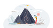 Reaching goals and successful top target achievement tiny person concept, transparent background. Business challenge accomplishment with determination, ambitions and motivation illustration.