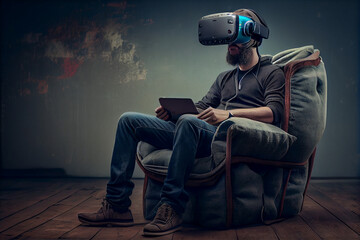 a digital artwork of people sitting on armchair wearing virtual reality head