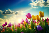 Fototapeta Tulipany - Colorful tulip flowers on a sunny day. Generative AI.