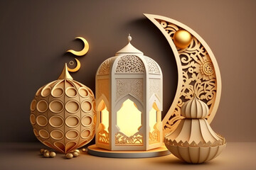 The ornamental 3D modern Ramadan background with a toy layout design of Islamic lantern, holy Quran, and the gold moon is perfect for your decorative needs during the holy month. 