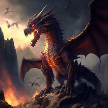 Red Dragon Wallpaper Ready To Attack On Top Of Stone Mountain With Dark Background