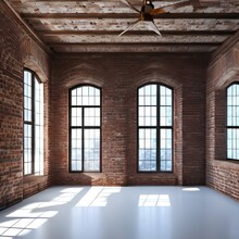 a stark white room with large windows and exposed brick walls1, Generative AI