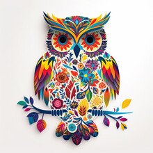 Owl On A Branch White Background Generative AI