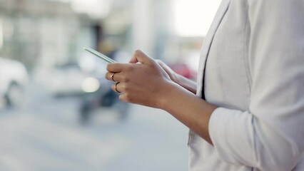 Canvas Print - Typing, phone and hands of woman in city for networking, social media app and text message. Technology, internet and website with girl browsing online in town for search, travel and communication